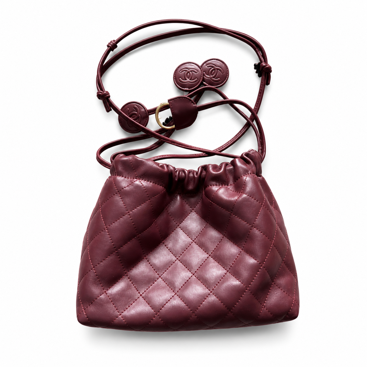 Chanel Burgundy Lambskin Quilted Drawstring Bucket Bag | Triple CC Coin Charms & Adjustable Strap