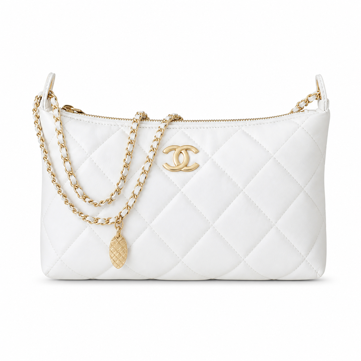 Chanel White Quilted Lambskin Hobo | Draped Gold Chain & Quilted Oval Charm — 26cm