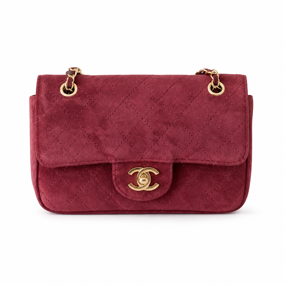 Chanel Classic Single Flap Bag Deep Burgundy Quilted Suede | Matte Gold CC Turn-Lock — 20cm