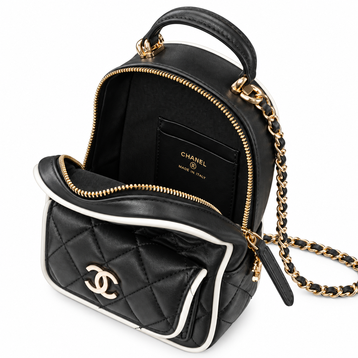 Chanel Quilted Lambskin Mini Backpack Black White Piping 18×13×9cm