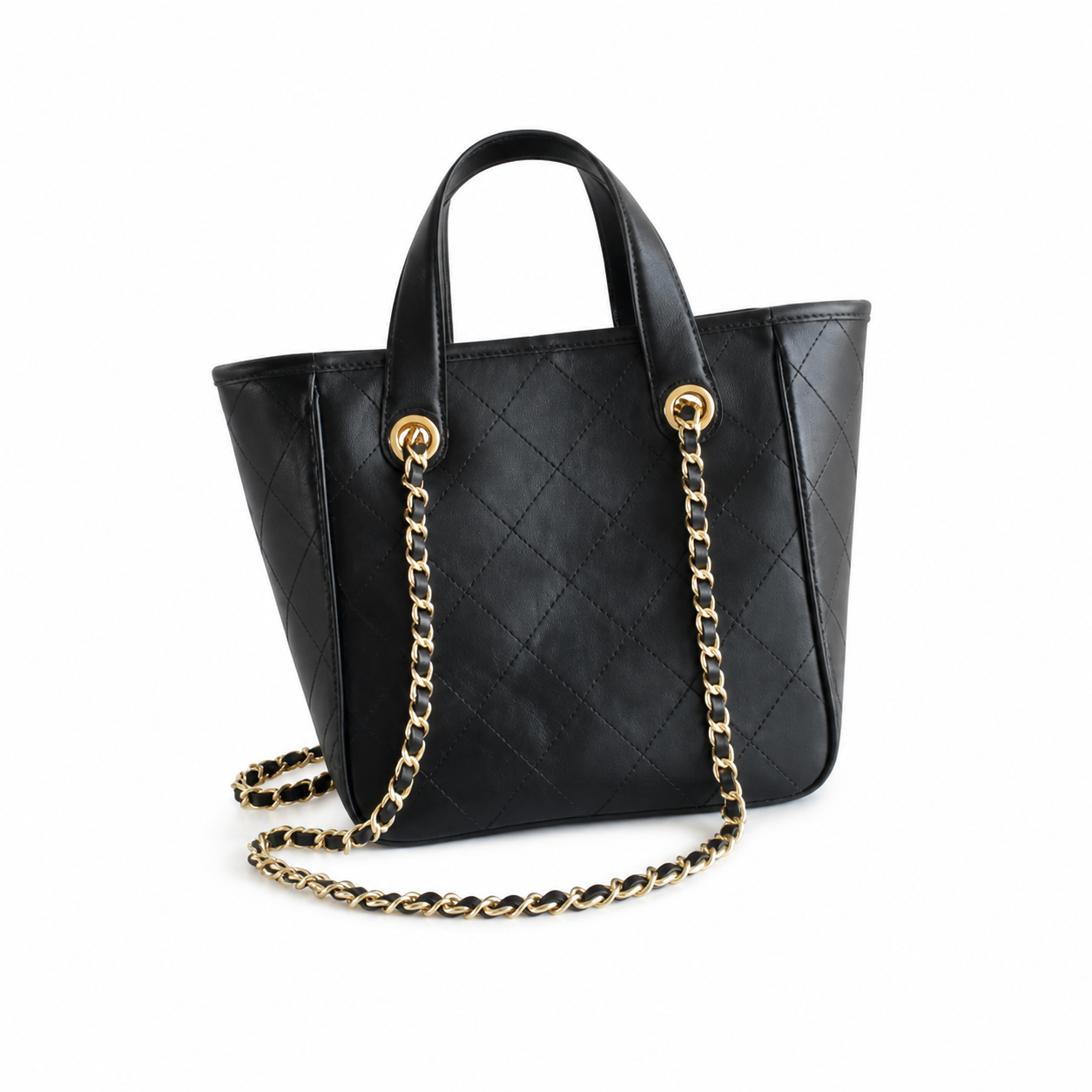 Chanel Small Shopping Tote Black Quilted Lambskin | Oversized Embossed CC & Gold Chain — 21cm