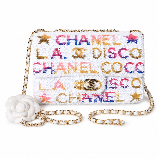 Chanel White Sequin Multicolour Text Flap Bag | CHANEL PARIS COCO LA DISCO, White Camellia Charm & Gold Chain
