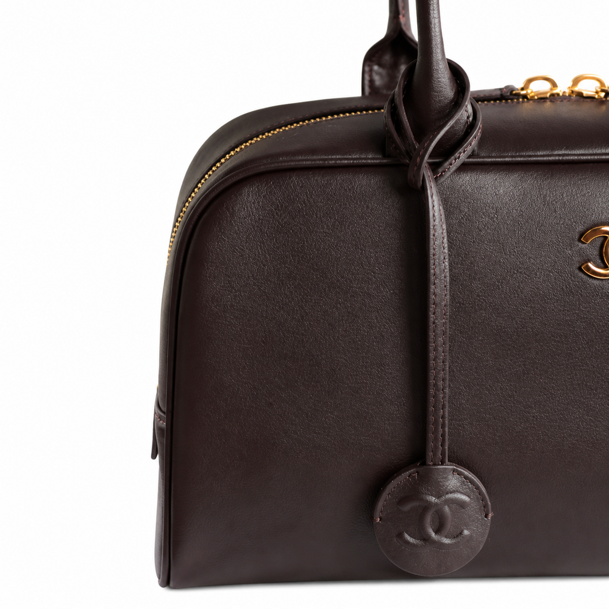 Chanel Bowling Bag Dark Chocolate Grained Leather | Dual Handles & CC Charm Ball — 29cm
