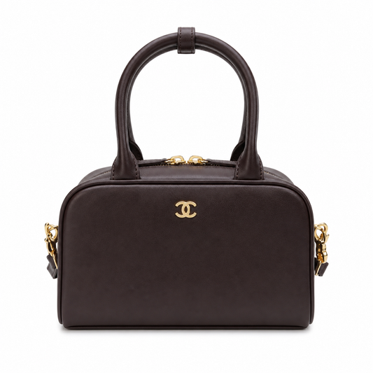 Chanel Dark Chocolate Calfskin Mini Bowling Bag | Double Gold Zipper & Chain — 21cm