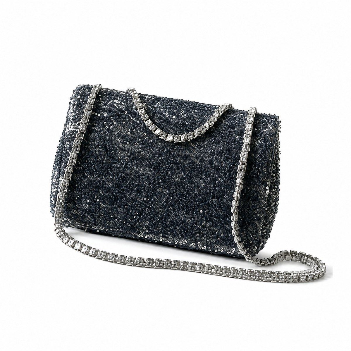 Chanel Charcoal Sequin Flap Bag | Crystal Tennis Chain Strap & Silver Snap Closure