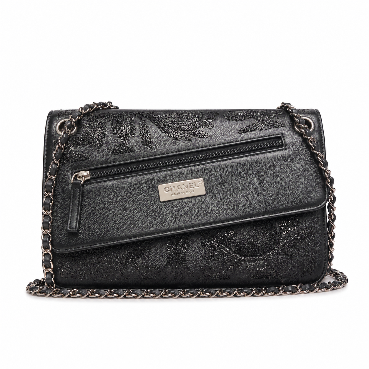 Chanel Sequin Graffiti Flap Bag | CC Logo Silver Chain Black — 14x21cm