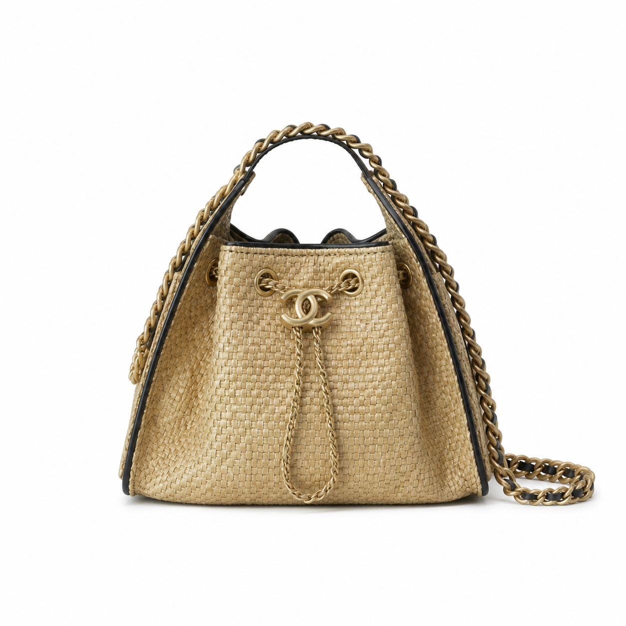 Chanel Raffia Drawstring Bucket Bag Natural Beige | Oversized Gold CC Medallion — 22cm