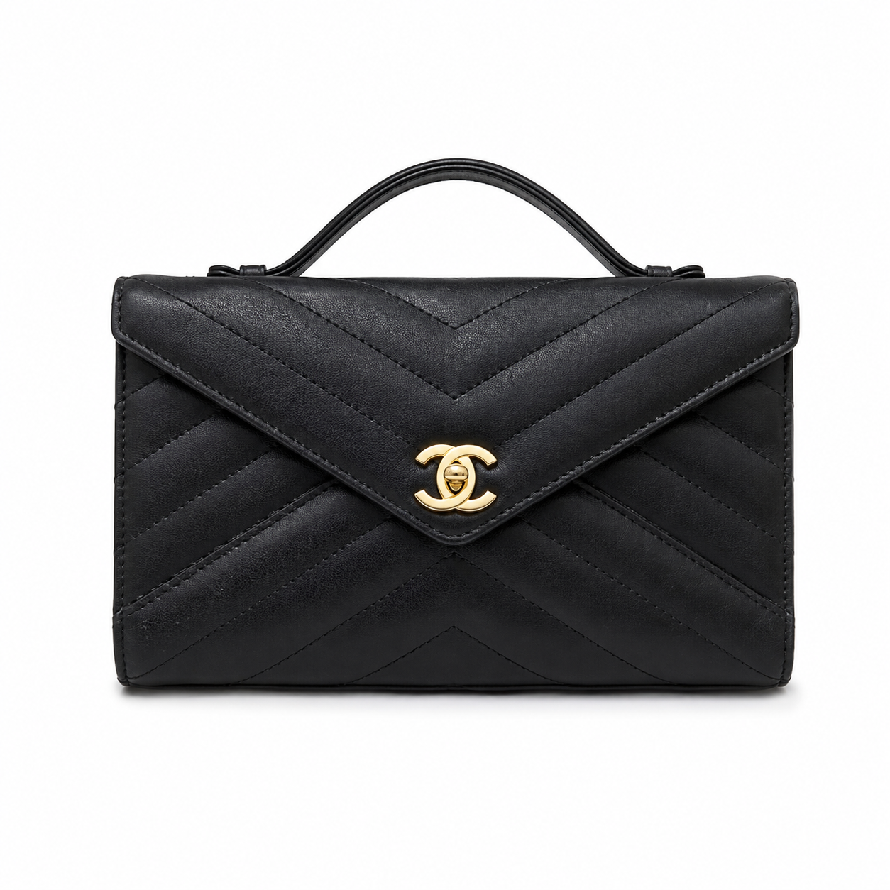 Chanel Black Chevron-Quilted Lambskin Envelope Bag | Gold CC & Deep Red Interior