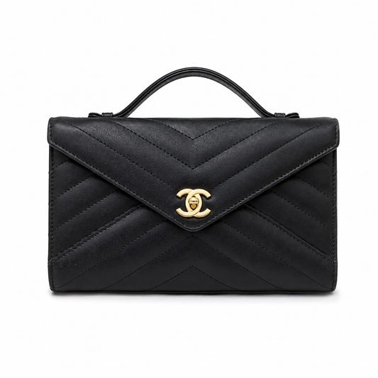 Chanel Black Chevron-Quilted Lambskin Envelope Bag | Gold CC & Deep Red Interior