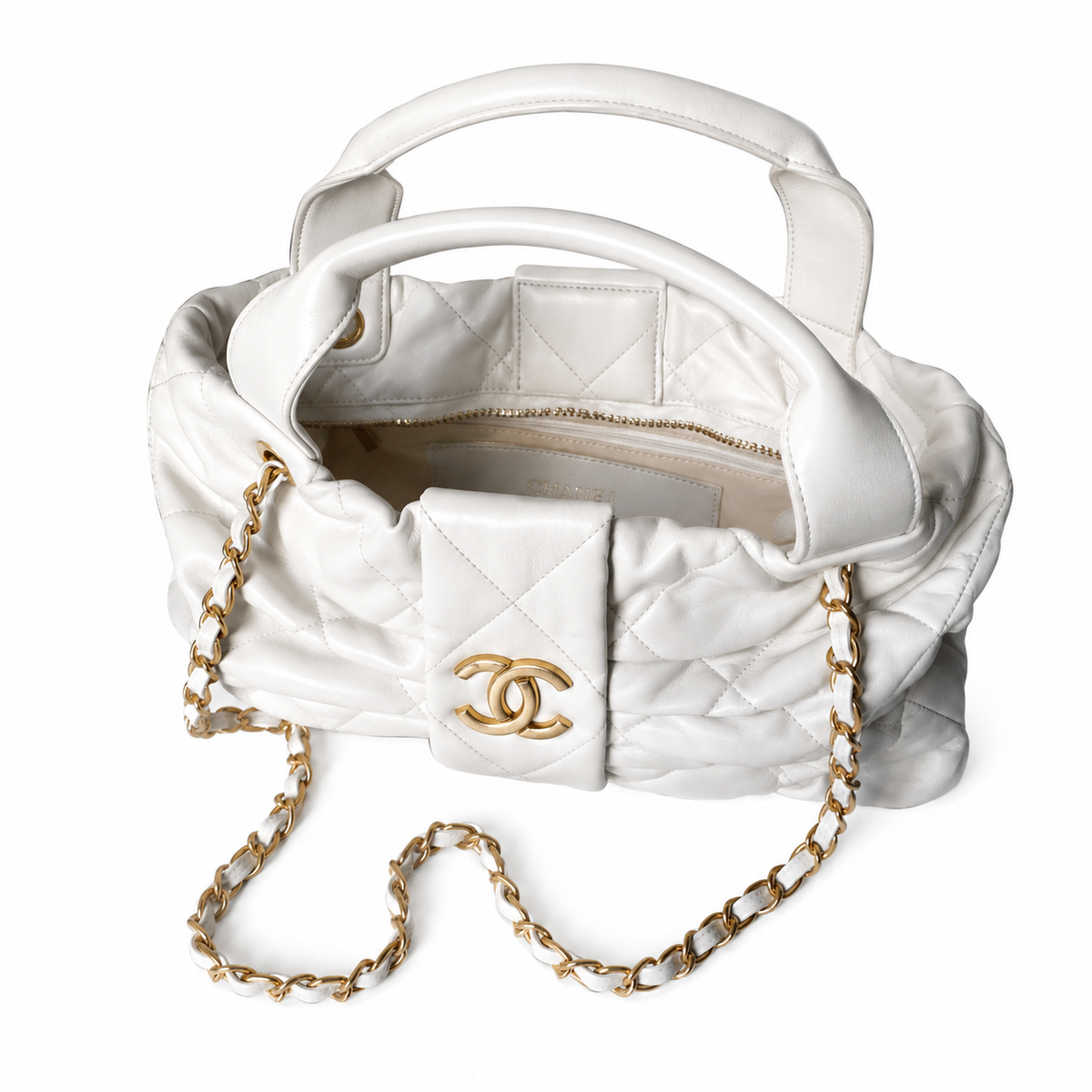 Chanel Quilted Lambskin Large Bowling Tote | CC Pocket Gold Chain White — 29x38cm