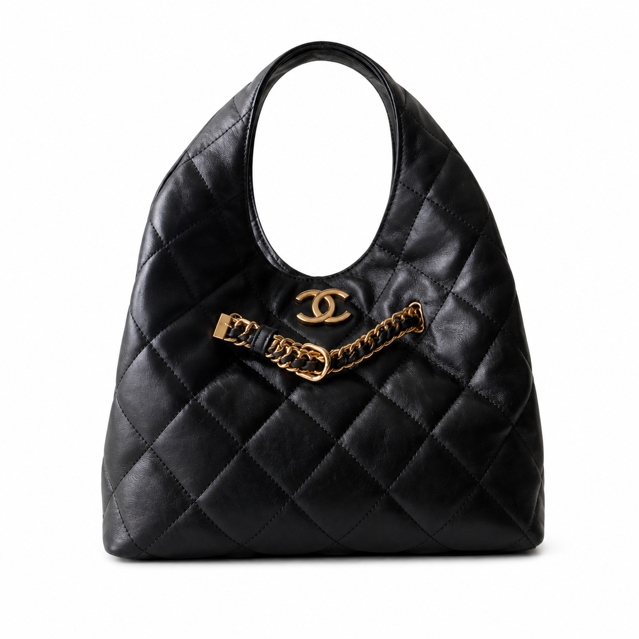 Chanel Black Quilted Lambskin Large Hobo Bag with CC Emblem & Decorative Chain
