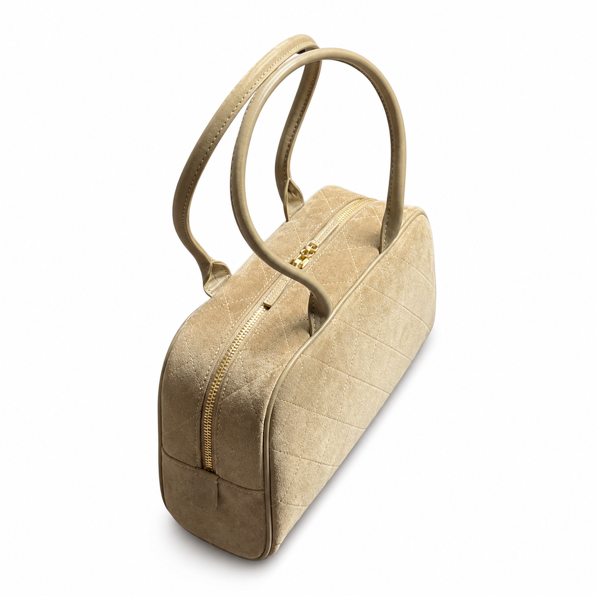 Chanel Bowling Bag Champagne Gold Diamond-Quilted Metallic Fabric | Oversized CC Logo — 29cm
