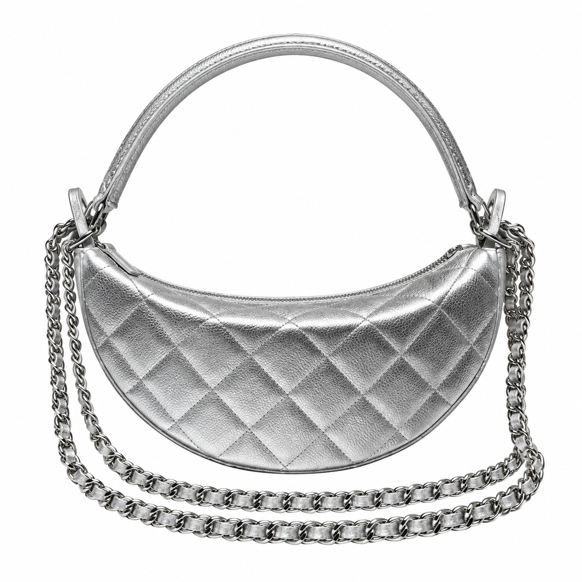Chanel Crescent Hobo Quilted Metallic Caviar Silver Leather Handle 22cm