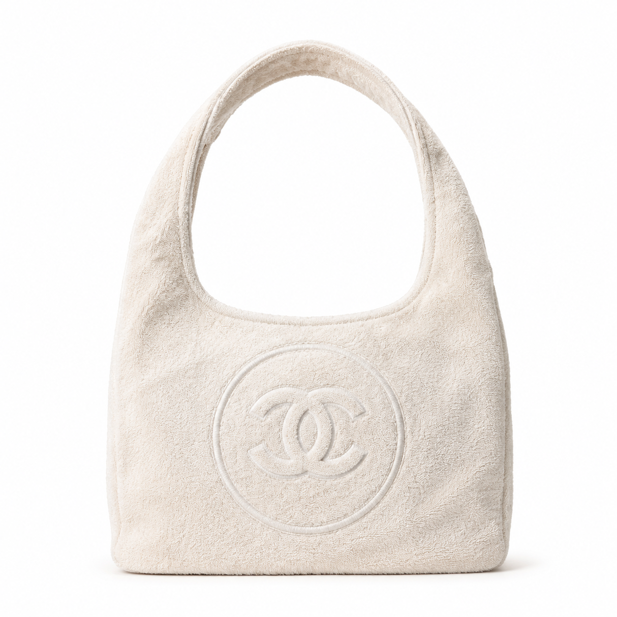 Chanel Ivory White Terry Cloth Hobo Bag & Zip Pouch Set | Tonal CC & Appliqué CC