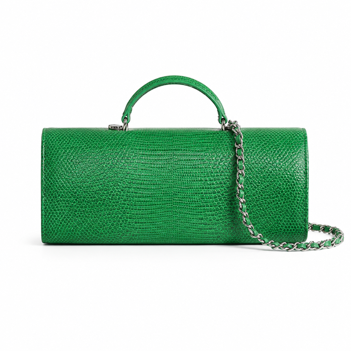 Chanel Emerald Green Lizard-Embossed Baguette Flap Bag | Top Handle & Tonal Silver Chain