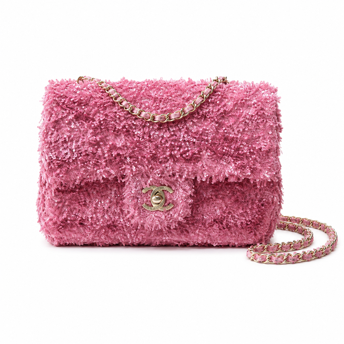 Chanel Pink Ring-Sequin & Leather Flap Bag | CHANEL PARIS Exterior Plaque, Rose Gold Chain & Full Pink Tonal System