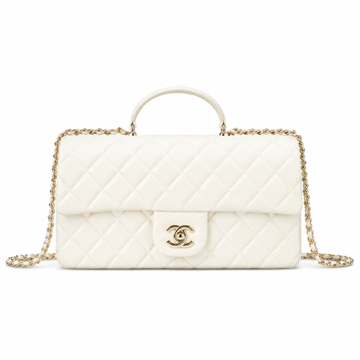 Chanel White Quilted Lambskin Rectangular Flap Bag | Top Handle & Gold Chain