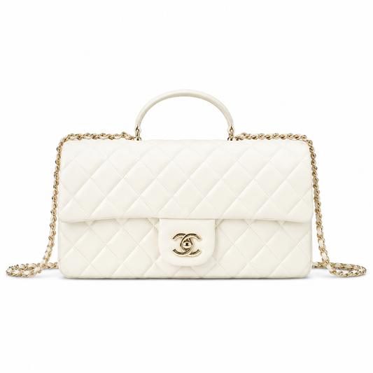 Chanel White Quilted Lambskin Rectangular Flap Bag | Top Handle & Gold Chain