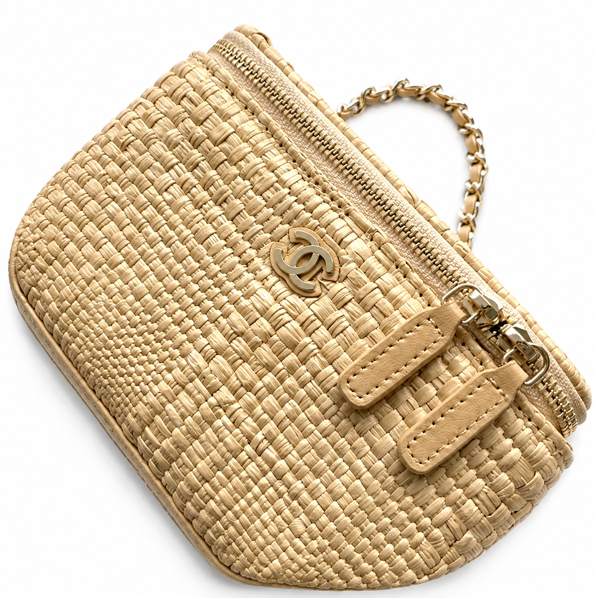 Chanel Natural Raffia Woven Vanity Case | Built-In Mirror, Gold CC Logo & Chain Strap