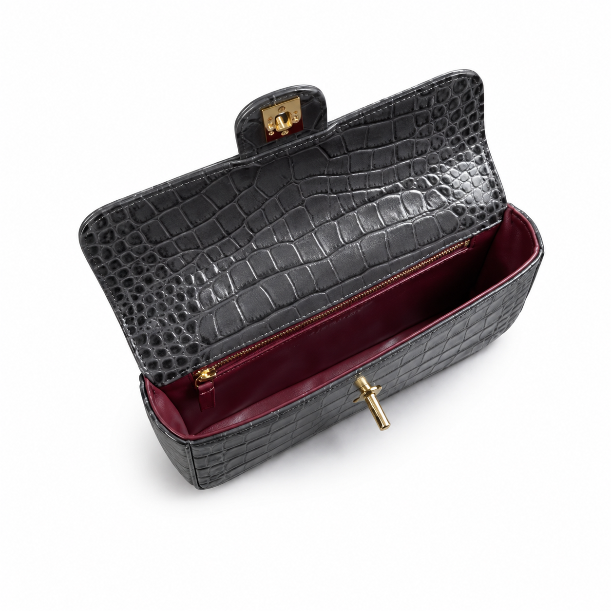 Chanel Charcoal Grey Croc-Embossed Flap Bag | Gold Bar Push-Lock, Jewelled Chain & Burgundy Interior
