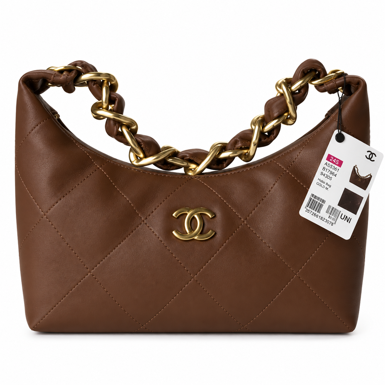 Chanel Zip Hobo Quilted Lambskin Caramel Brown Chunky Chain Gold 28cm