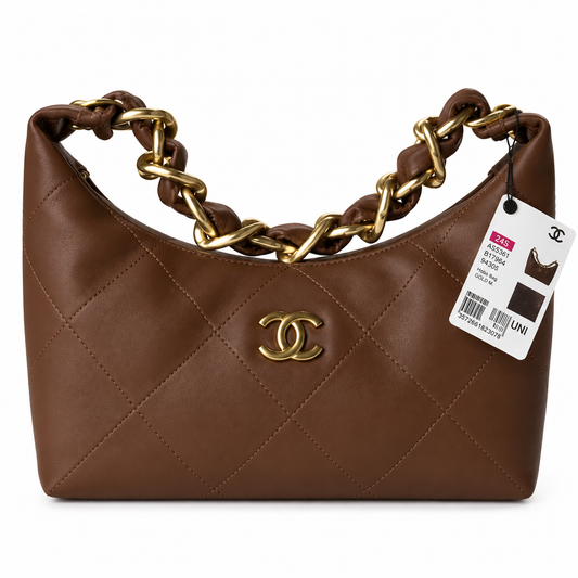 Chanel Zip Hobo Quilted Lambskin Caramel Brown Chunky Chain Gold 28cm