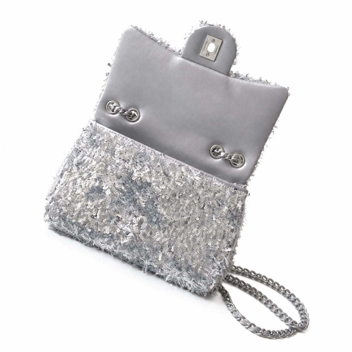 Chanel Silver Ring-Sequin on Grey Bouclé Flap Bag | Three-Register Monochrome Surface & Full Silver-Grey Tonal System