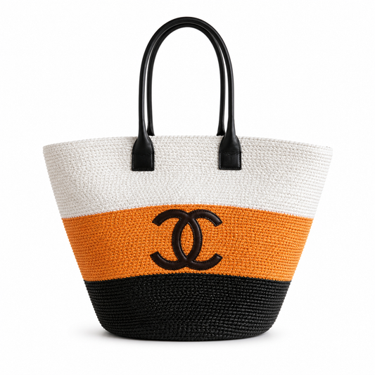 Chanel Ivory & Tangerine Orange Raffia Market Tote | Brown CC & Black Handles — 58cm
