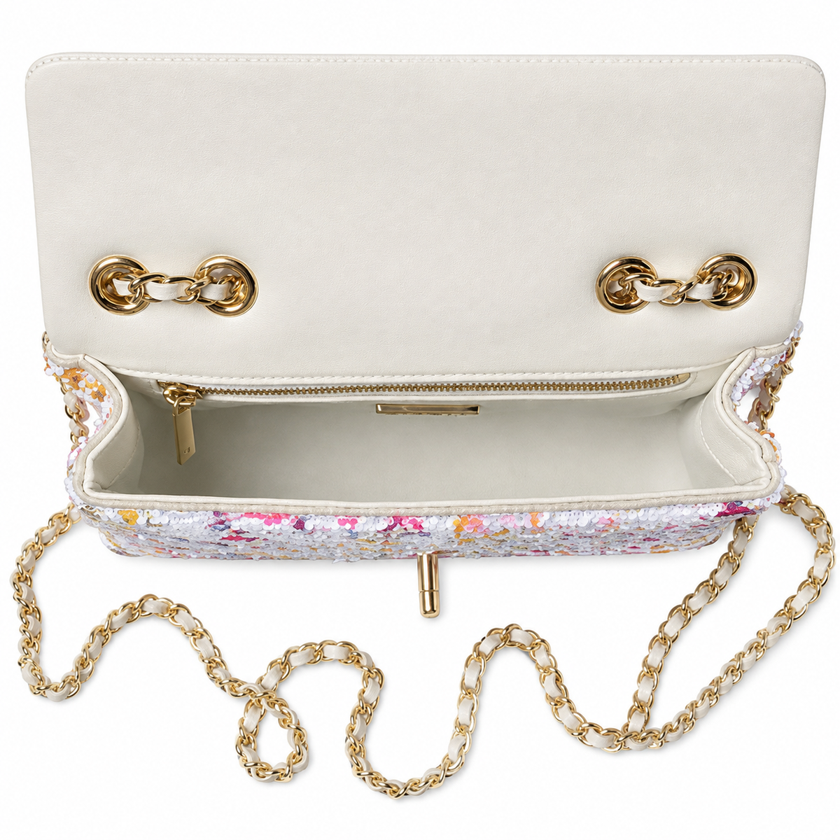 Chanel White Sequin Multicolour Text Flap Bag | CHANEL PARIS COCO LA DISCO, White Camellia Charm & Gold Chain