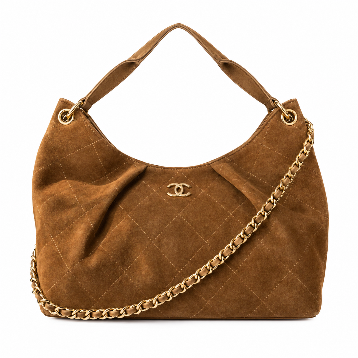 Chanel Quilted Suede Shoulder Hobo Bag Caramel 33×26×14cm