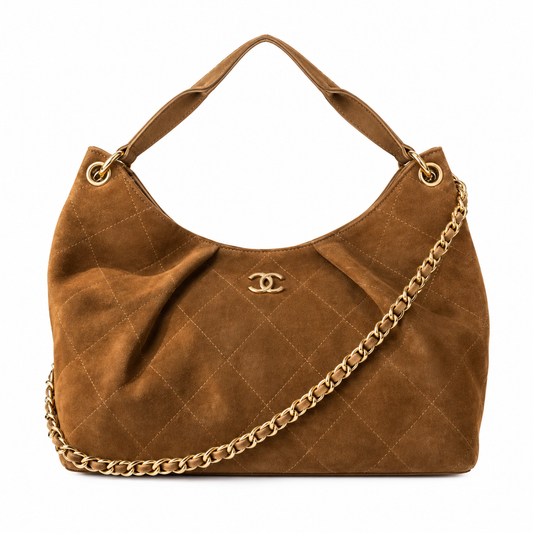 Chanel Quilted Suede Shoulder Hobo Bag Caramel 33×26×14cm