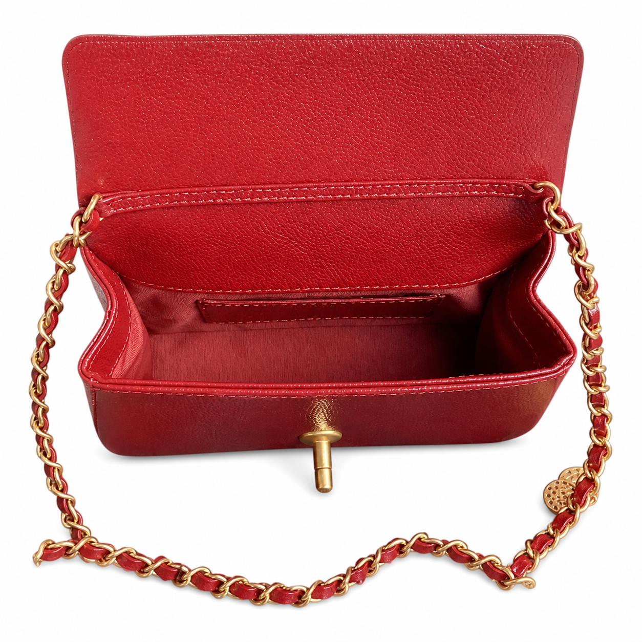 Chanel Mini Flap Bag Red Caviar Leather | Aged Gold CC & Red Chain — 17.5cm