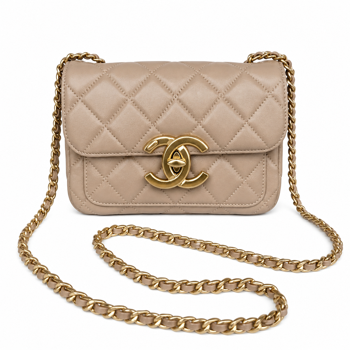 Chanel Small Double Flap Warm Beige Lambskin | Large CC Chain Charm & Chunky Gold Chain — 20cm