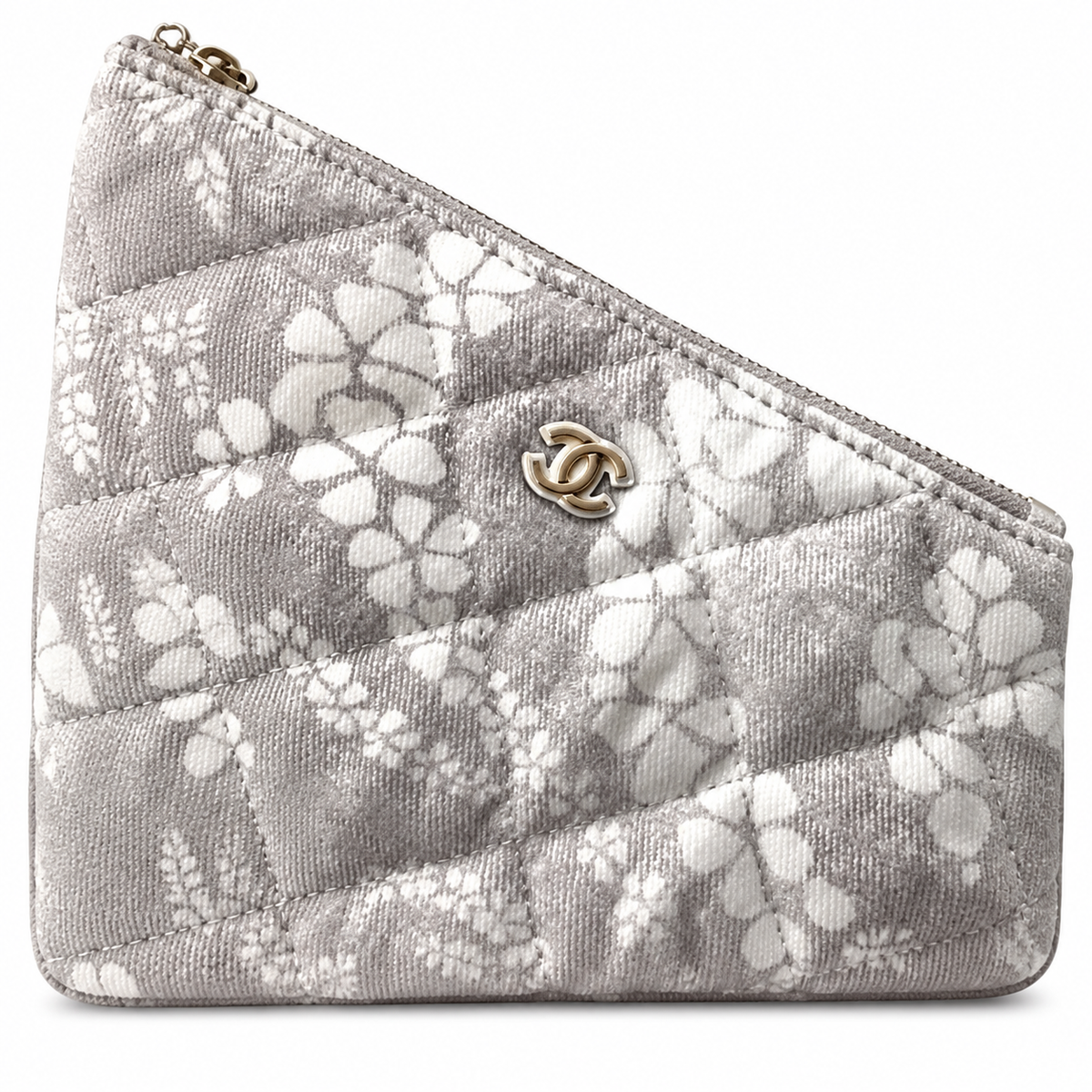 Chanel Grey & White Floral Jacquard Quilted Shopping Tote | Gold Oval Logo Plate, Silver Chain & Fabric Top Handle
