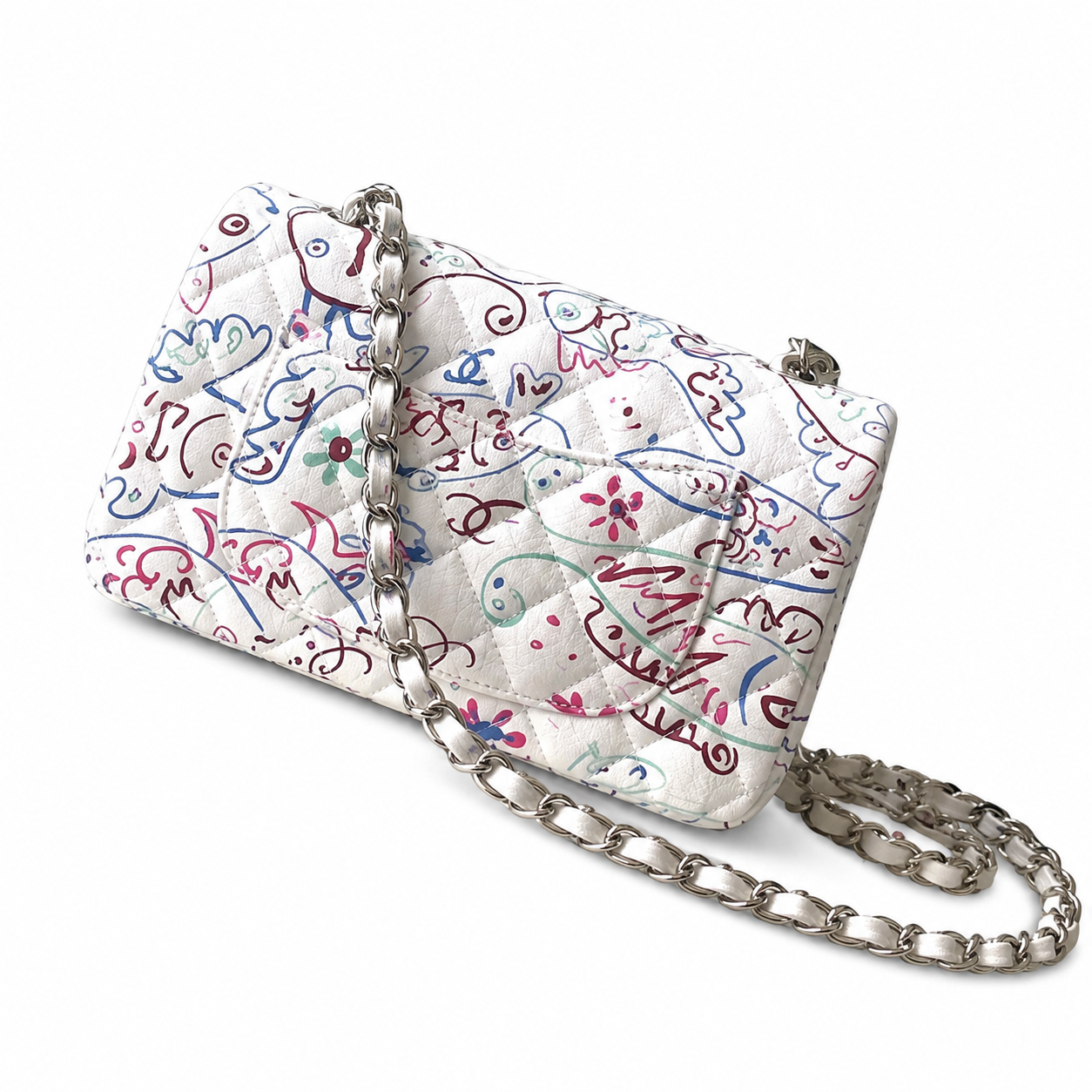 Chanel Mini Rectangular Flap Bag | Graffiti Art Print Silver CC White — 20cm