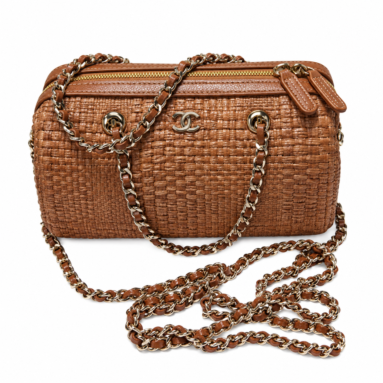 Chanel Raffia Barrel Bag Woven Caramel Gold Chain Extra-Long Strap 18.5cm