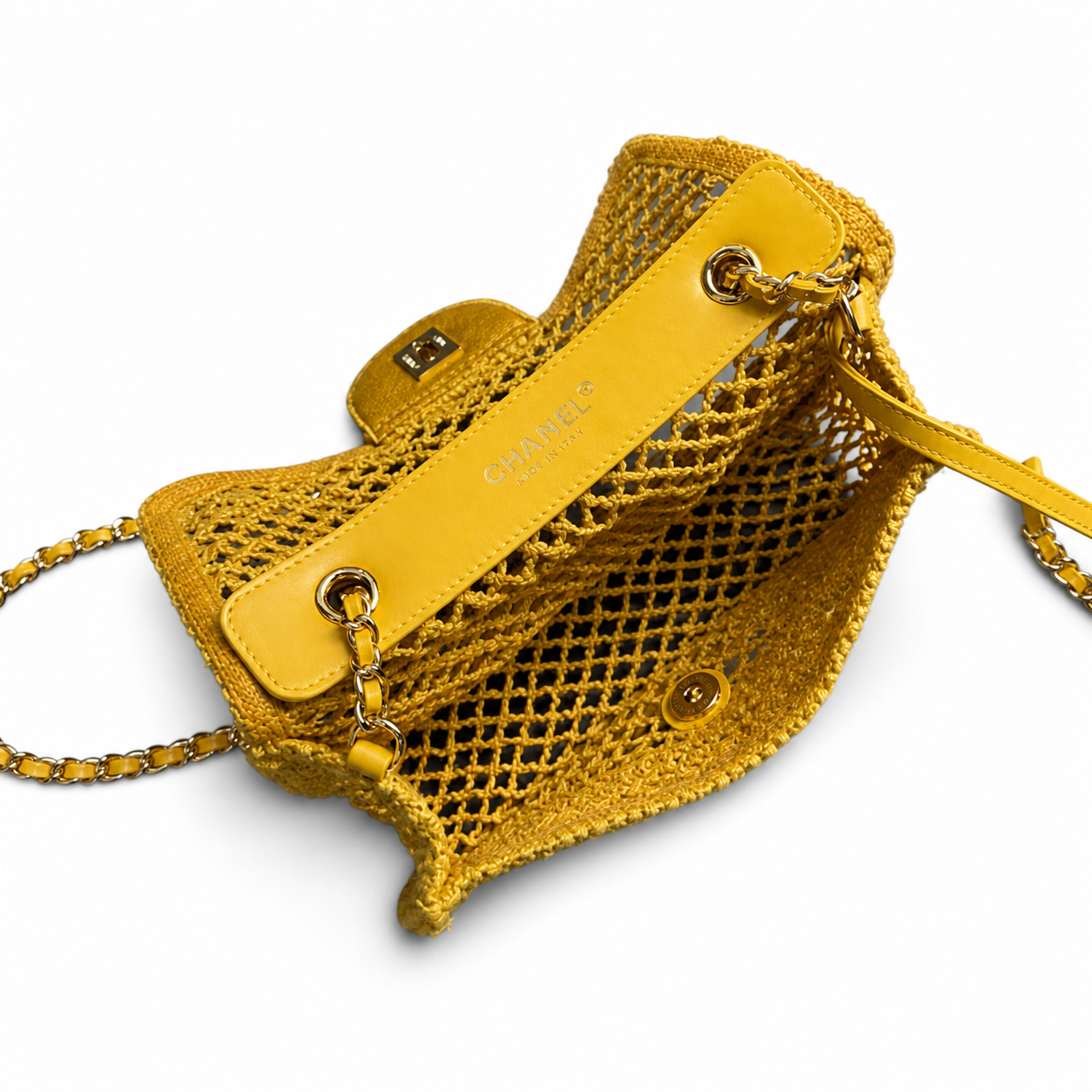 Chanel Sunshine Yellow Open-Weave Crochet Classic Double Flap | Gold CC — 21cm