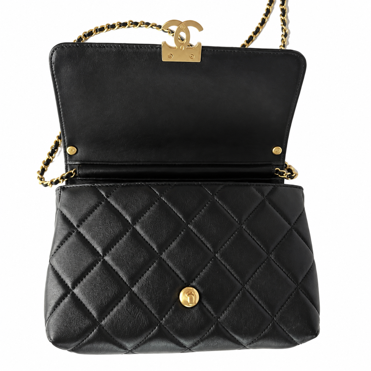 Chanel Quilted Flap Bag | Pearl Chain Crystal Letter Charm Gold CC Black — 23x15cm