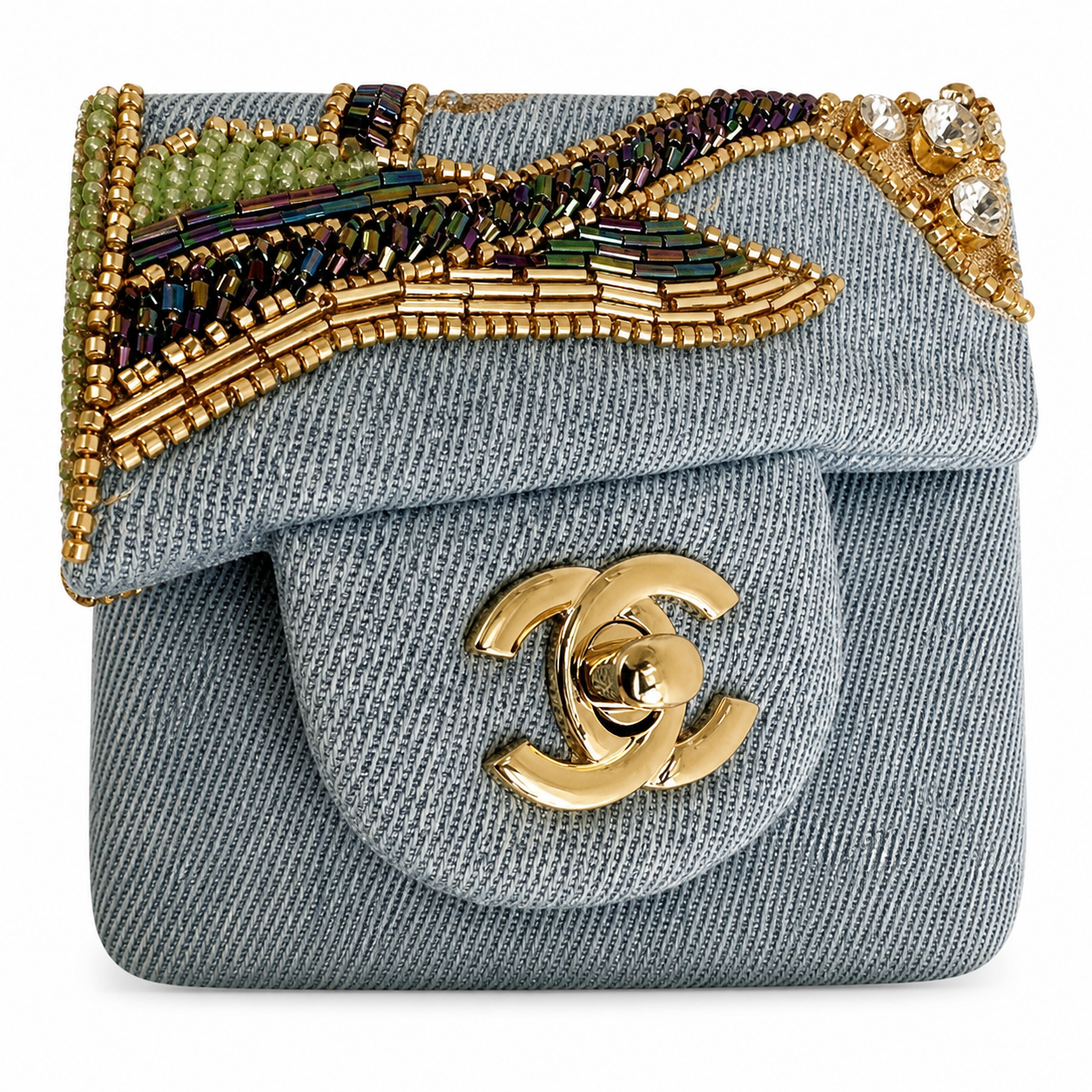 Chanel Light Blue Denim Mini Flap | Hand-Embroidered Crystal Flowers & Gold CC — 25.5cm