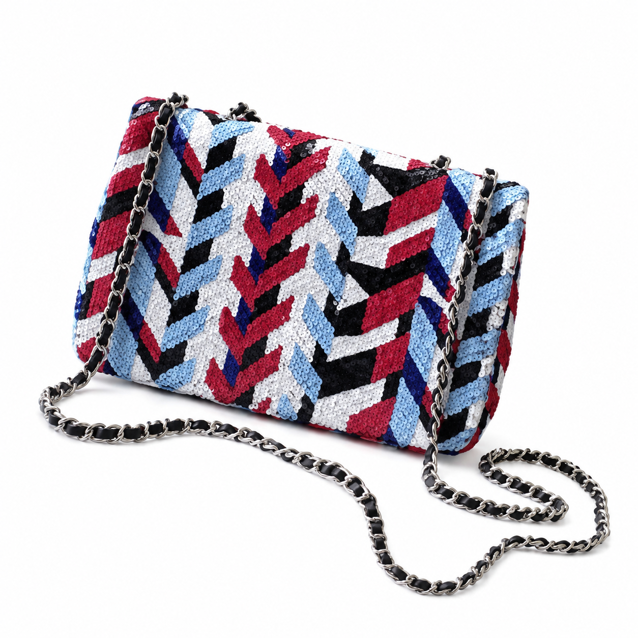 Chanel Oversized Chevron Sequin Flap Bag | Sky Blue, Red, Black & Navy Wrap-Around, Silver Ball CC & Navy Chain