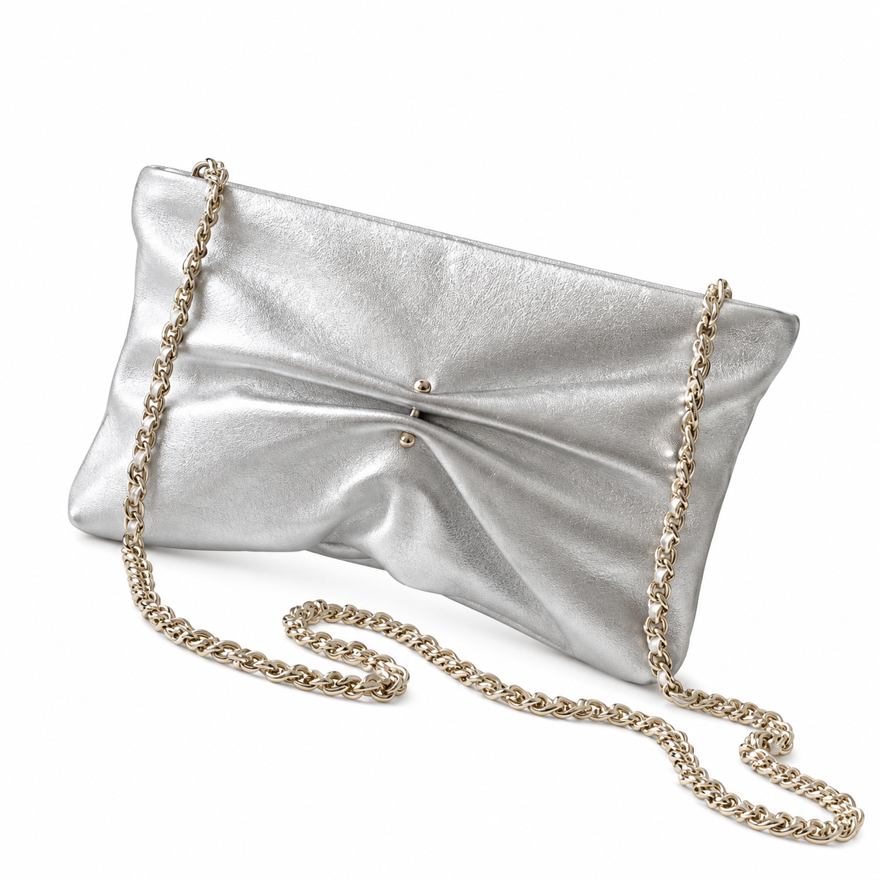 Chanel Pearl CC Gathered Metallic Clutch Silver 14×24×5cm
