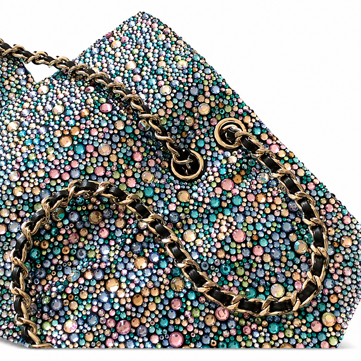 Chanel Teal & Aurora Borealis All-Over Rhinestone Flap Bag | Mixed-Size Multicolour Crystals & Gold CC Turn-Lock