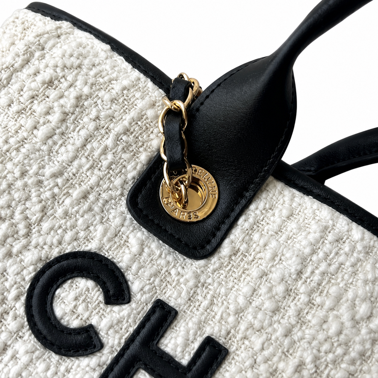 Chanel Deauville Tote Ivory Bouclé | Black Leather CHANEL CC PARIS Appliqué & Gold Chain — 33cm