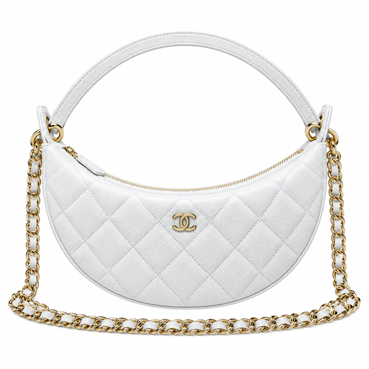 Chanel Crescent Hobo Quilted Caviar White Gold Pearl Zip Dual Chain 22cm