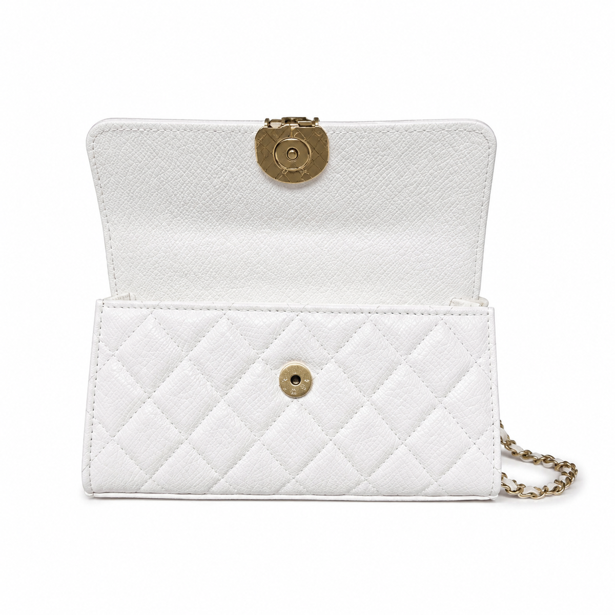 Chanel White Smooth Quilted Mini Top Handle Flap Bag | Gold Chain-Link CC Turn-Lock with Central Sphere & Dual White Chain