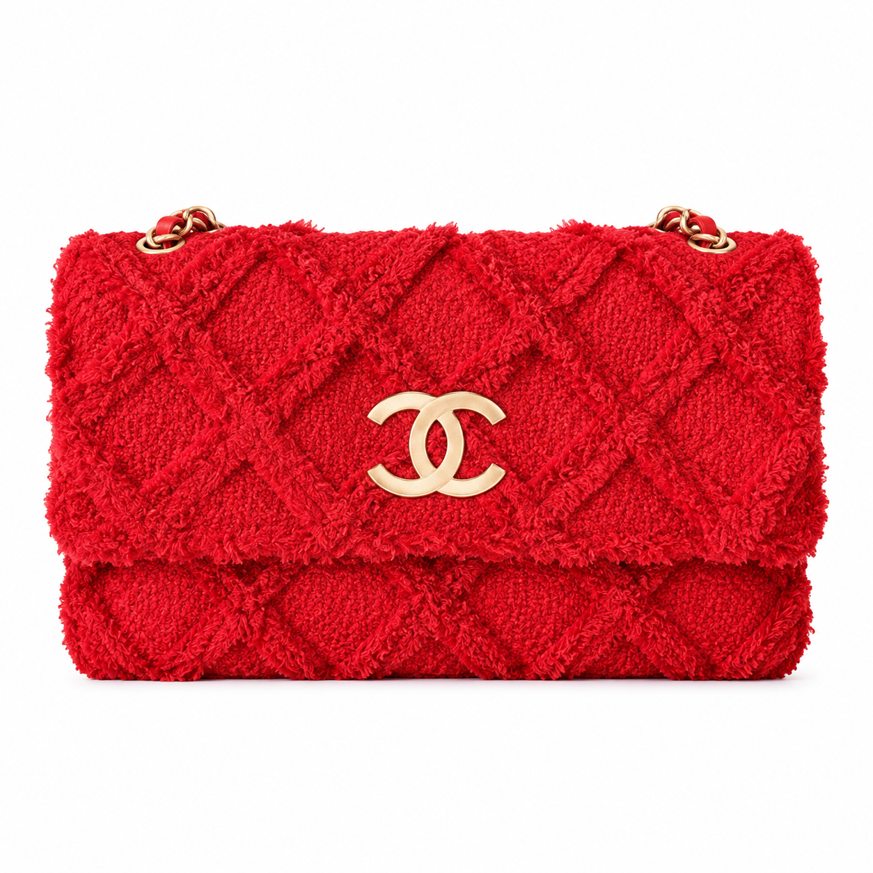 Chanel Large Quilted Tweed Flap Bag Red Gold 38cm