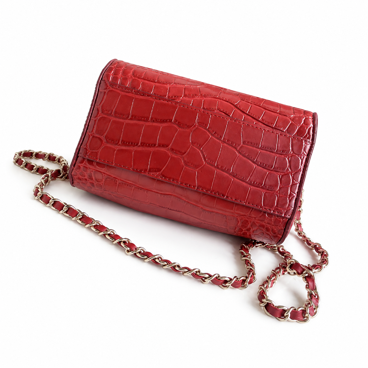 Chanel Cherry Red Croc-Embossed Bowling Bag | Gold CC Badge & Tonal Red Chain