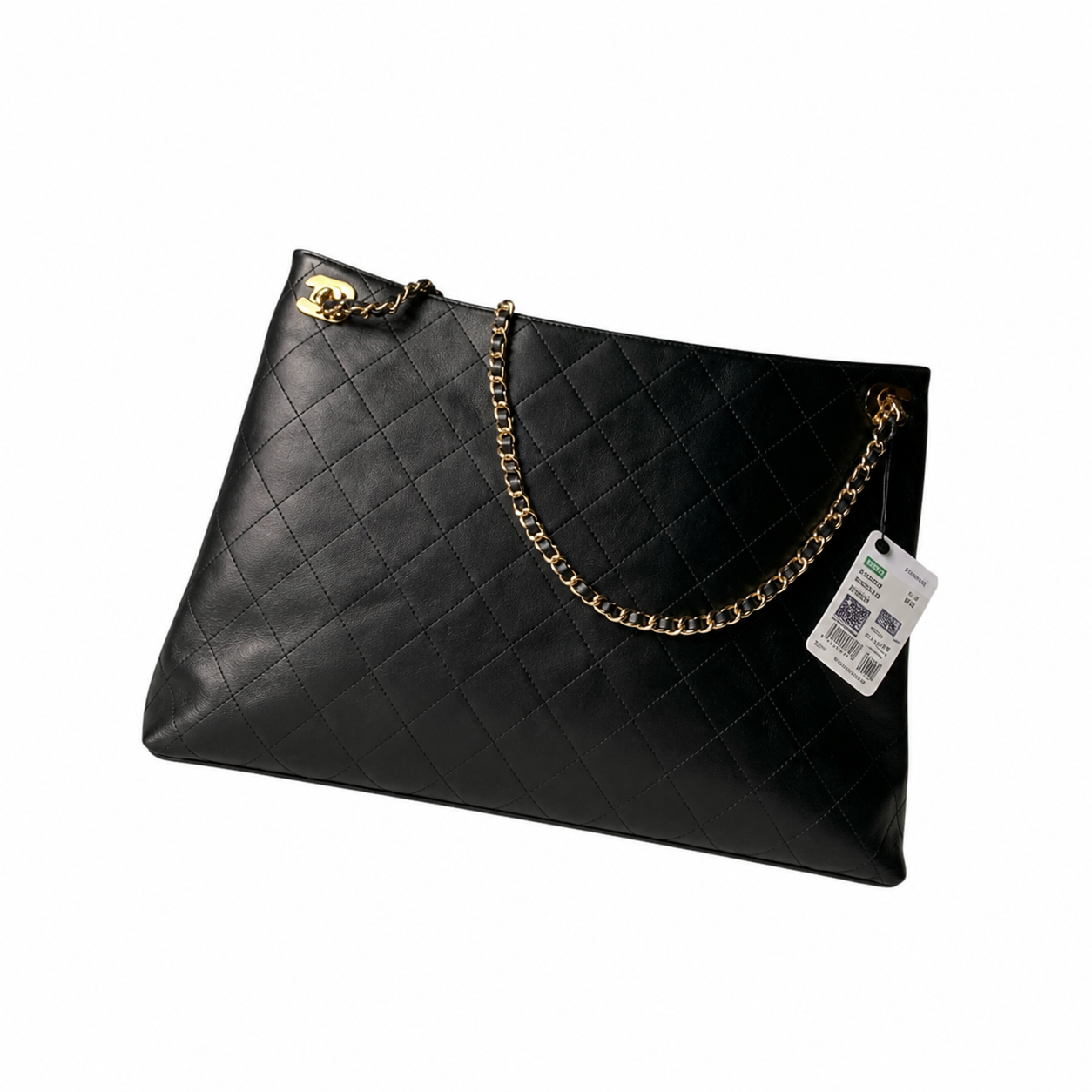 Chanel CC Diagonal Quilted Lambskin Tote | Black & Gold Chain — 40cm