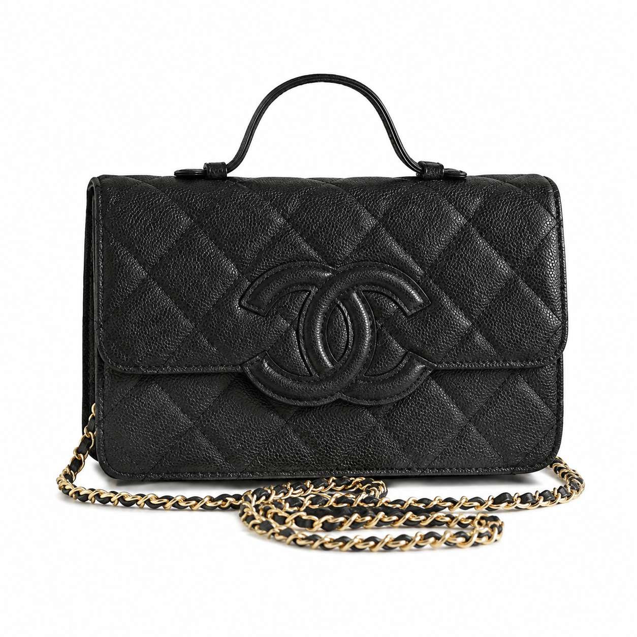 Chanel Black Aged Caviar Quilted Flap Bag | Oversized CC Logo, Top Handle & Gold Chain