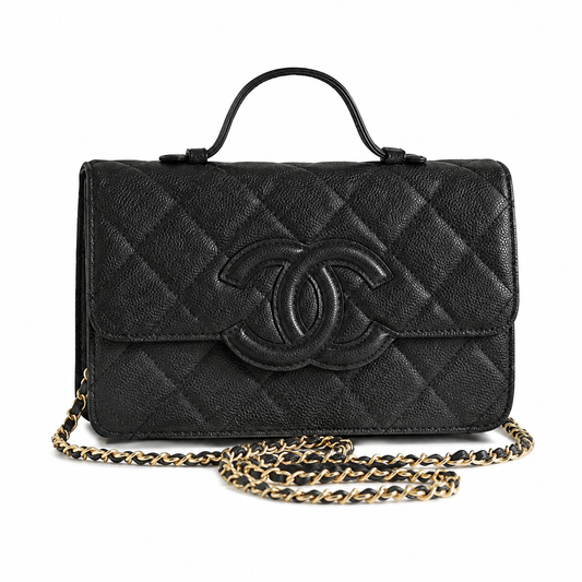 Chanel Black Aged Caviar Quilted Flap Bag | Oversized CC Logo, Top Handle & Gold Chain